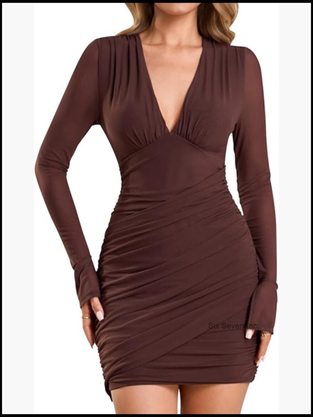 Long Sleeve Bodycon Mini Dress Mesh V Neck Ruched Night Out Party Dress